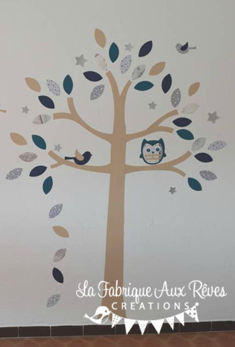 Stickers arbre hibou oiseaux étoiles bleu pétrôle craft gris ...