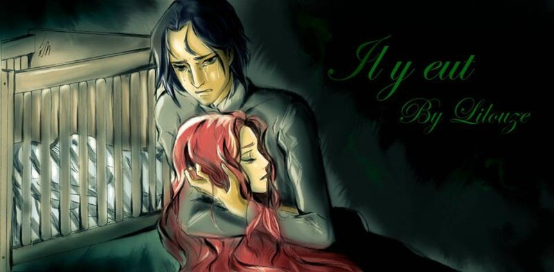 Illustration stylisée façon manga montrant Severus Rogue enlaçant Lily Potter qui vient de rendre l'âme