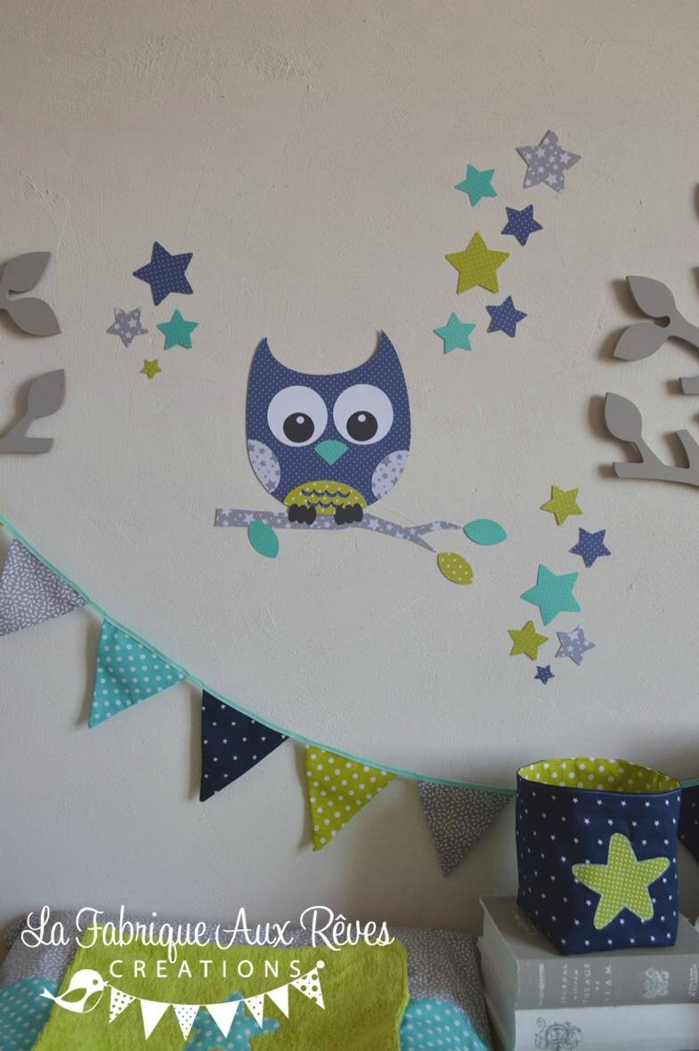 Stickers hibou étoiles turquoise anis marine gris décoration ...