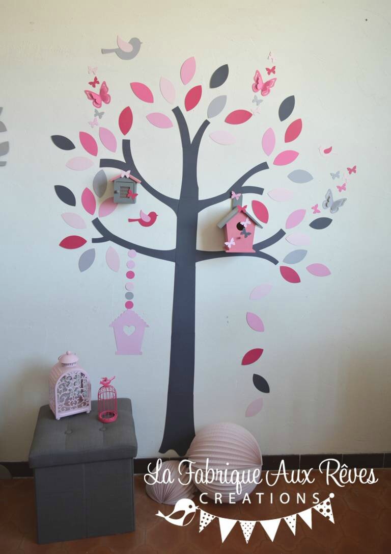 Stickers arbre rose poudré rose fraise fuchsia framboise nichoir ...