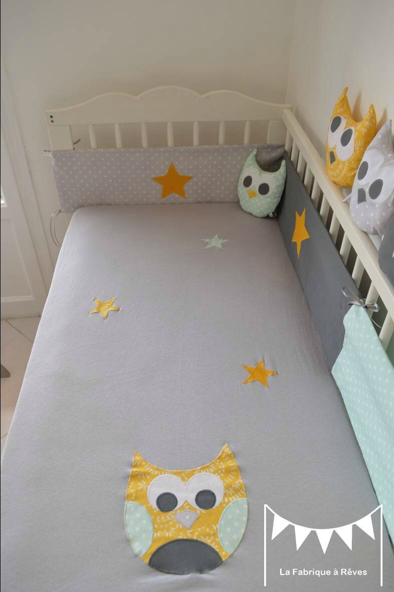 Drap housse gris hibou chouette jaune gris vert amande vert eau ...