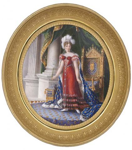 La duchesse d'Angoulme tient  la main droite une fleur de lys. Miniature sur ivoire par Elie DIGNAT, 1824.