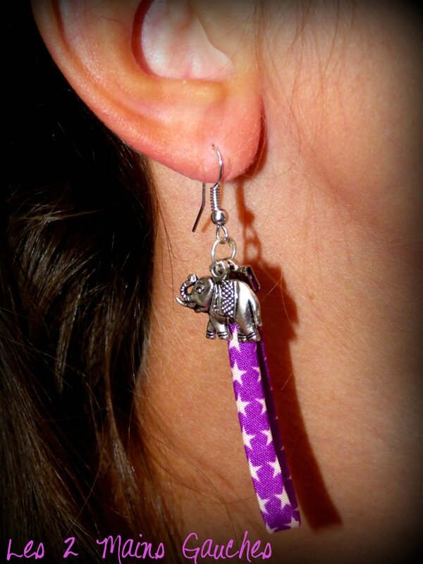boucles d'oreille violet étoilé et éléphants