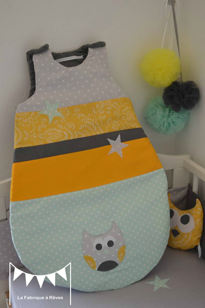 Gigoteuse turbulette hibou chouette gris foncé jaune gris vert ...