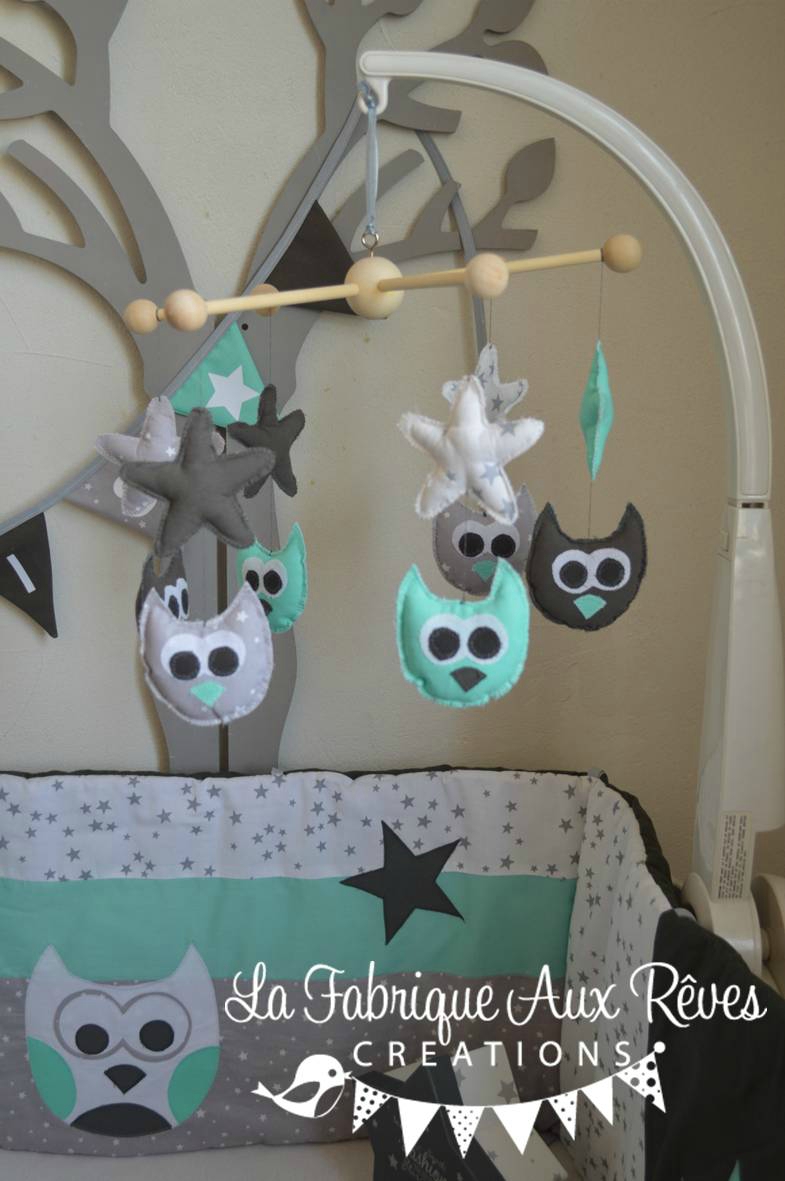 Mobile éveil bébé hibou étoiles vert eau gris décoration chambre ...