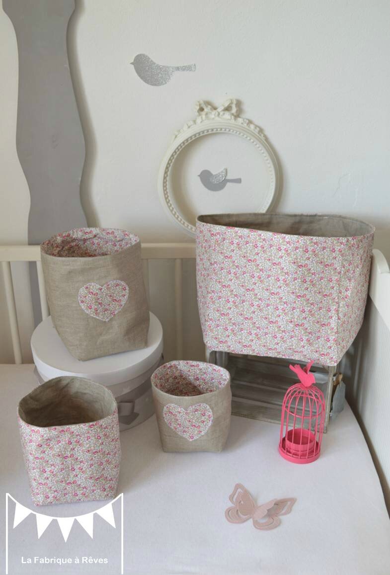 Pochons rangement liberty éloïse lin taupe coeur fleur rose ...