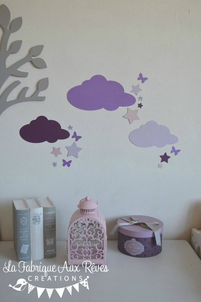 Stickers nuage étoiles papillons mauve violet parme gris rose ...
