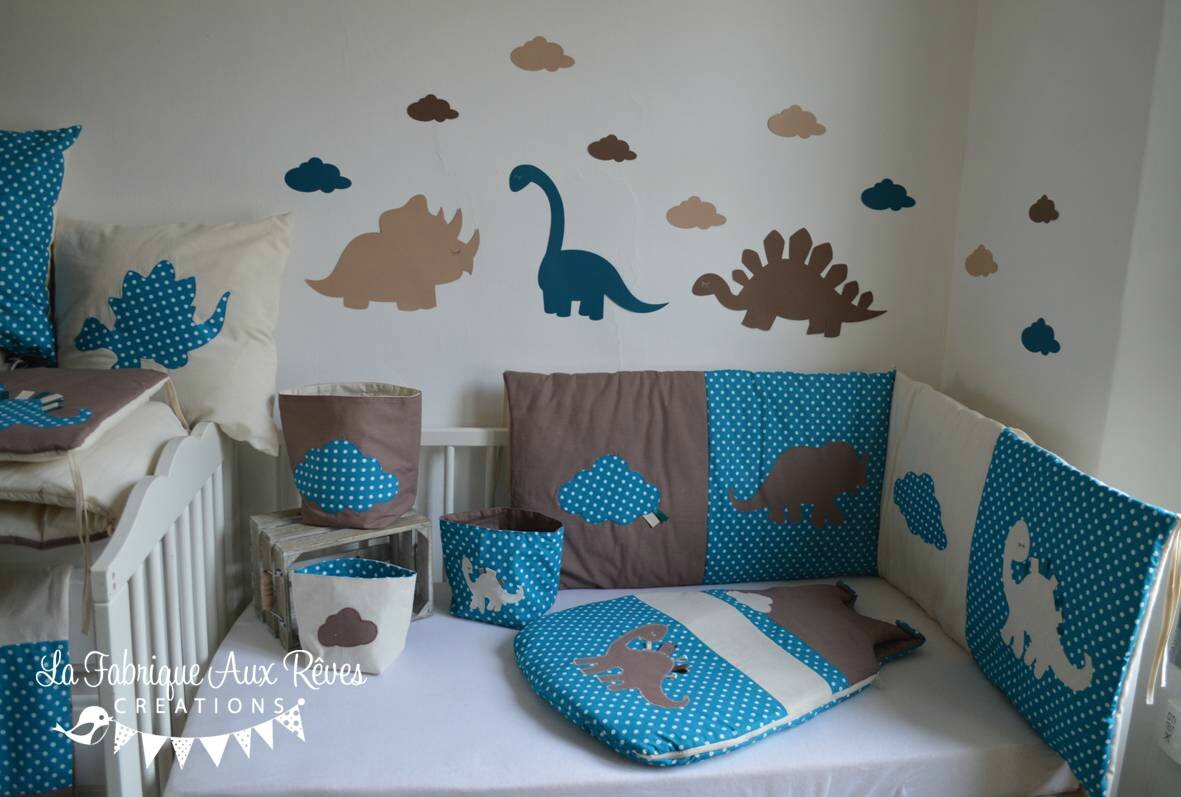 Linge lit bébé et décoration dinosaure bleu pétrole canard, beige ...