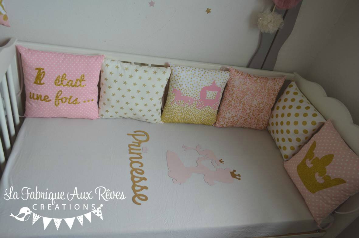 Drap housse lit bébé princesse conte de fée doré rose poudré ...