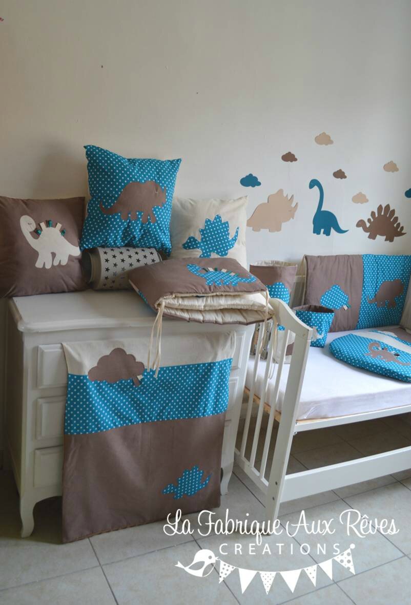 Linge lit bébé et décoration dinosaure bleu pétrole canard, beige ...
