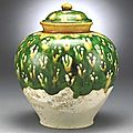 A sancai glazed covered jar, Tang Dynasty
