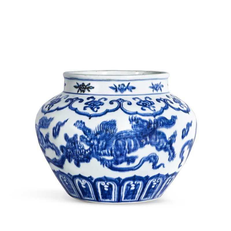 An exceptional blue and white 'lion and ball' jar, Mark and period of Xuande (1426-1435)
