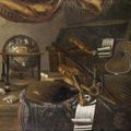 Ecole bergamasque du xvii° siècle, entourage d'evaristo baschenis. nature morte d'instruments de musique aux luths, violons,..