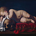 Luigi Miradori, dit il Genovesino (d’après ; anonyme) Putto endormi sur un crâne ou vanité, Huile sur toile 38 x 47,5 cm Musée Lambinet, Versailles © RMN
