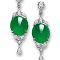 Very fine pair of jadeite and diamond pendent earrings.