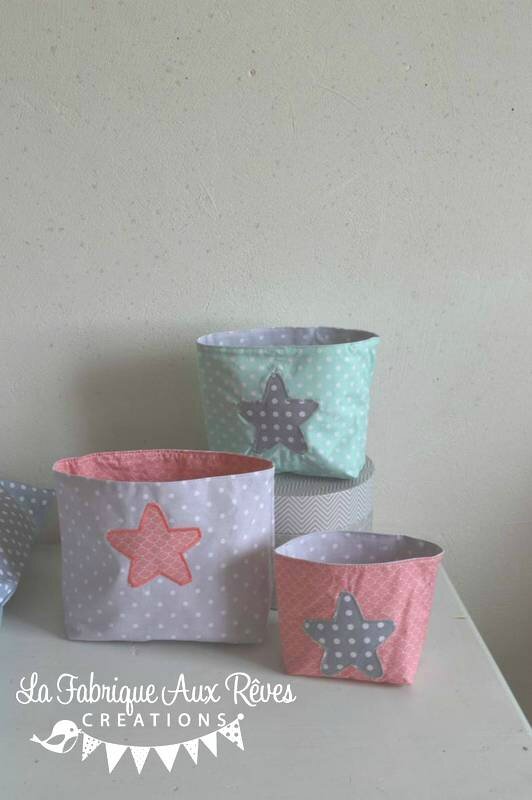 pochons panière rangement étoiles corail menthe mint gris foncé gris clair - décoration chambre bébé corail menthe mint gris hibou étoiles