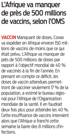 2021 09 17 SO L'Afrique va manquer de près de 500 millions de vaccins selon l'OMS