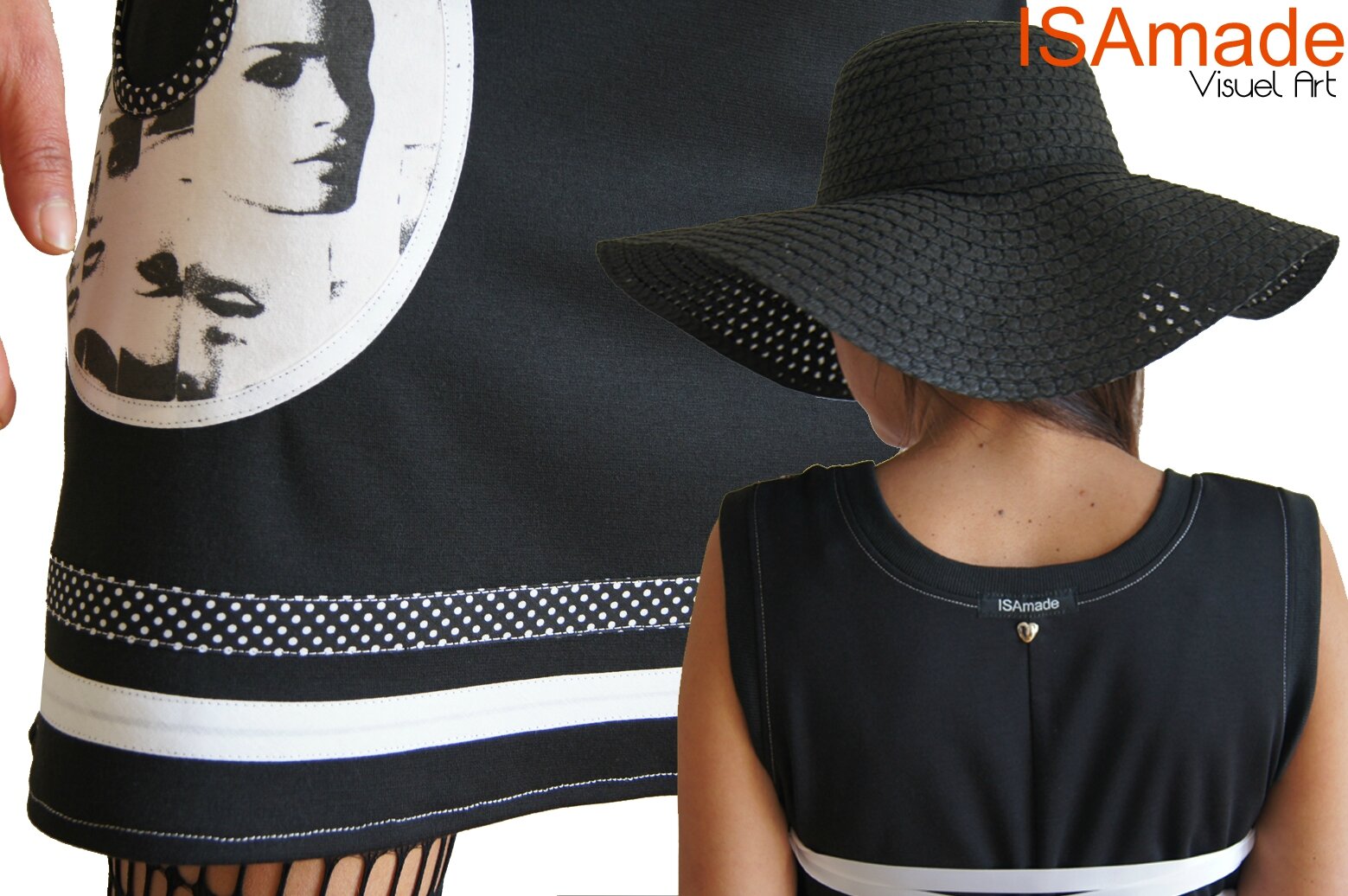 Robe Noire et blanc en maille imprimé stylisé Pop Art Coupure de magazines et Pois