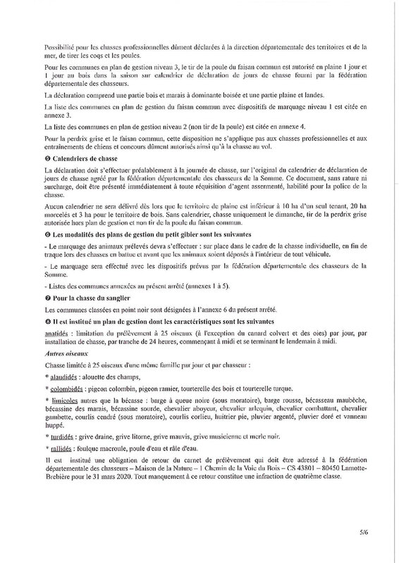 Arrété Préfecture 80 chasse 2019-20205