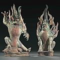 A magnificent pair of painted pottery figures of Earth Spirits, zhenmushou, Tang dynasty (AD 618-907)