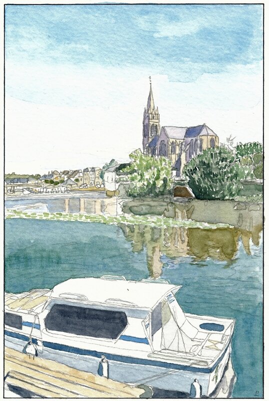 09 Sablé - Pénichette sur la Sarthe avec l'église en fond (vue depuis l'écluse) 1992 03 08 (4 de 4)
