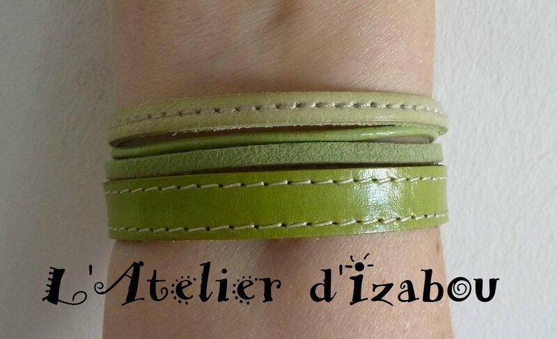 P1180837 Bracelet femme large cuir vert pomme, daim, cuir cousu et cuir rond vert anis