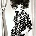 Silk printed suit and black tulle hat by Balenciaga, photo by Tom Kublin, 1960