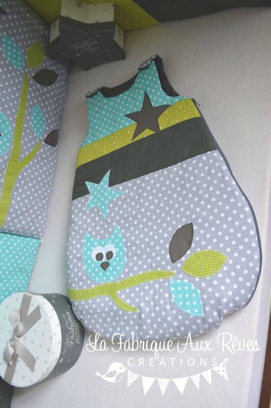 gigoteuse turbulette hibou étoiles anis turquoise gris blanc banches feuilles - décoration chambre bébé anis turquoise gris blanc hibou étoiles
