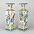 Pair of chinese porcelain famille rose, fencai, square tapered vases and stands, yongzheng period, 1723-1735
