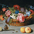 Balthasar van der ast, roses, tulips, irises and other flowers in a wicker basket, with fruit and insects on a ledge