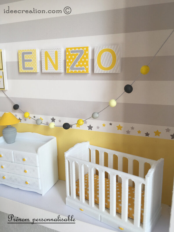 Nouveau Cadre Prenom Bebe Chambre De Bebe Miniature Modele Jaune Et Gris Ideecreation