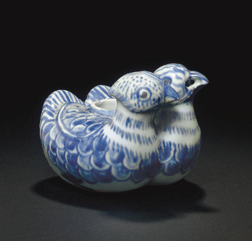 A blue and white 'double duck' water pot, Ming dynasty, mid-15th-early 16th century