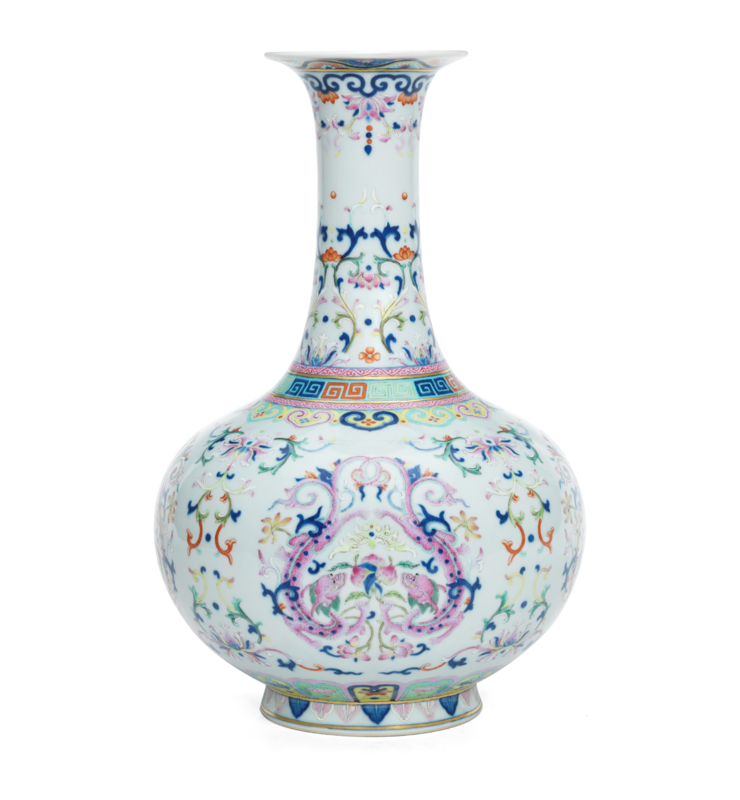 A rare Imperial famille rose 'chilong' bottle vase, Qianlong seal mark and of the period