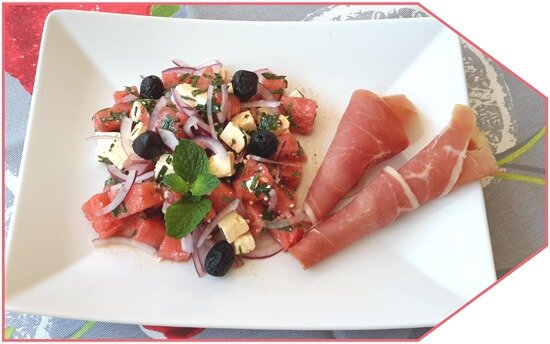 salade pastèque, feta et jambon sec7 salade pastèque, feta et jambon sec7