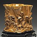 Boxwood brush-holder depicting a scholars' gathering in the west garden, late 17th to early 18th century