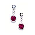 Pair of ruby, natural pearl and diamond pendent earrings