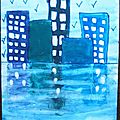 Reflets dans l'eau immeubles Ludivine - Peinture gouache gamme bleue