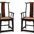 A very rare pair of zitan 'official's hat' armchairs, sichutouguanmaoyi, 17th-18th century