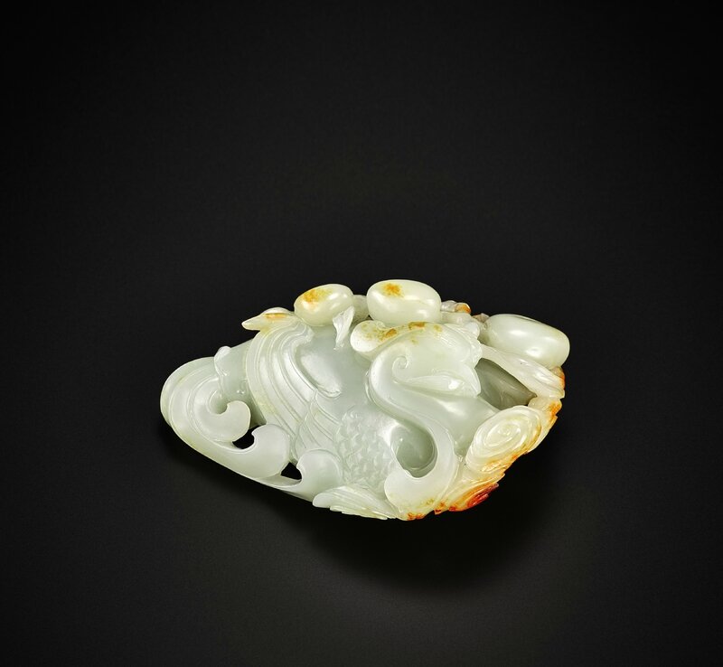 Lot 10_A Superb White and Russet Jade ‘Phoenix and Peach’ Carving (1)