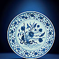 A fine and rare early ming blue and white 'lotus bouquet' dish, yongle period (1403-1424)