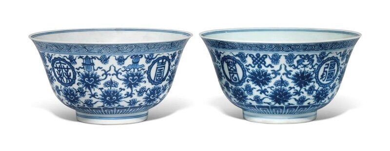 A pair of blue and white 'lotus' bowls, Daoguang six-character seal marks in underglaze blue and of the period (1821-1850)