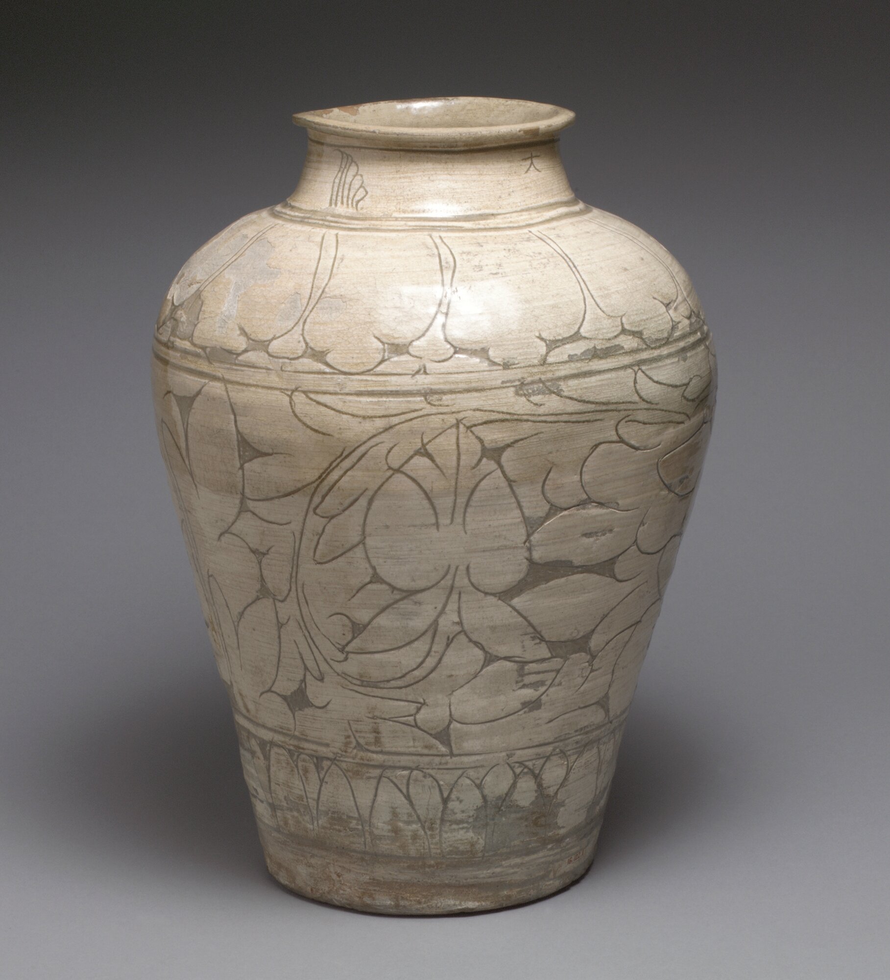 Vase Buncheong Gray w/ Inlaid Lotus