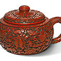 A very rare cinnabar lacquered yixing teapot, qing dynasty, qianlong period