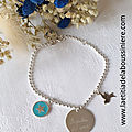 Bracelet personnalisé sur chaîne perls argent médaille star, médaille plate gravée et mini colombe en argent 15 mm