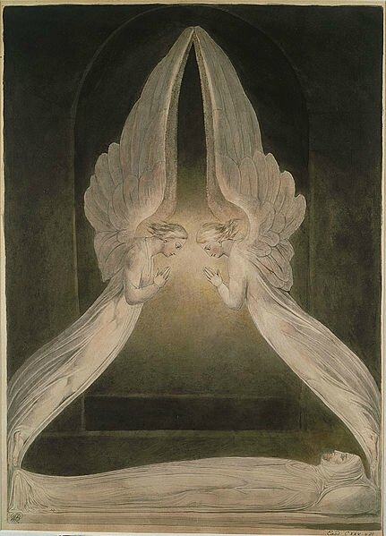 Deux anges à la tête et aux pieds, William Blake