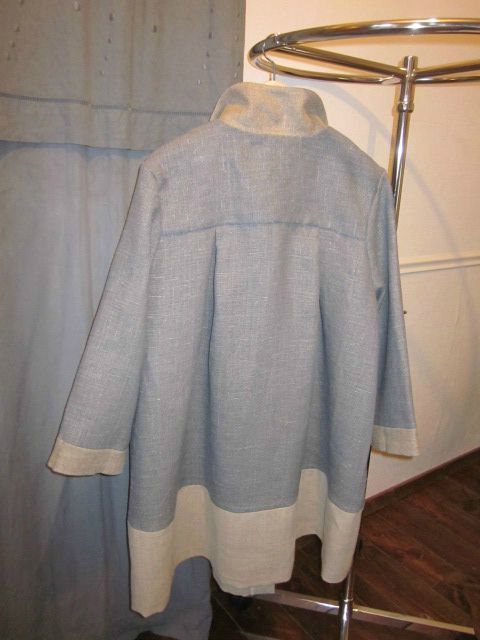 Manteau d'été bicolore en lin bleu fané et ficelle (6)