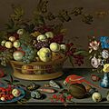 Balthasar van der ast, still life with fruit on a delft plate, seashells, insects, flowers in a wanli vase and two parrots, 1620