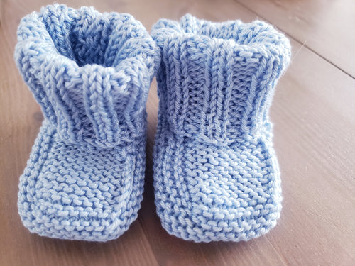 Chaussons chaussettes, naissance, mérinos, bleu, à revers, tricot