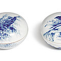 Two blue and white 'bird' seal paste boxes and covers, republic period, by wang bu