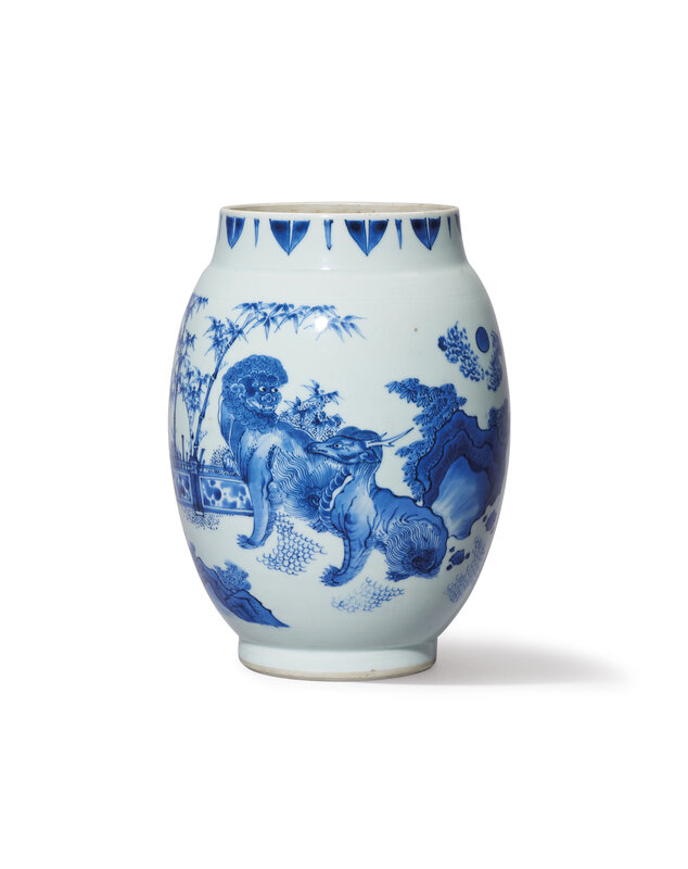 A blue and white ‘mythical beast’ ovoid jar, Transitional period, circa 1640-1660